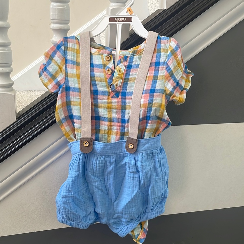 Pastel plaid baby bloomer outfit with suspenders size 24 month